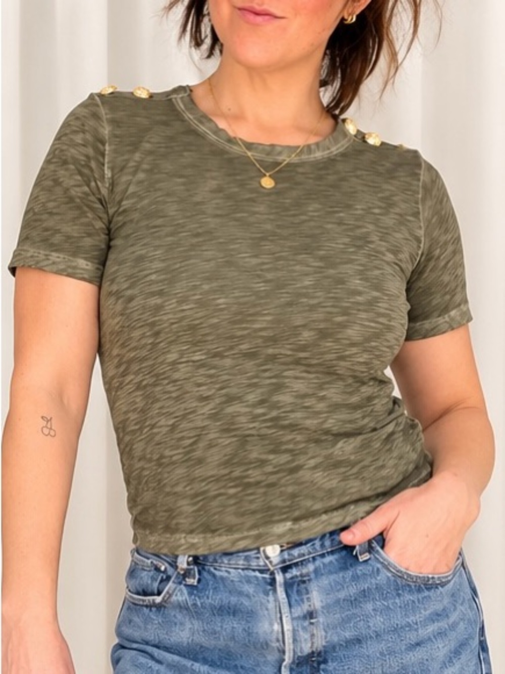Veronica Beard Jeans Olive Green Slub Gold Button Tee XS